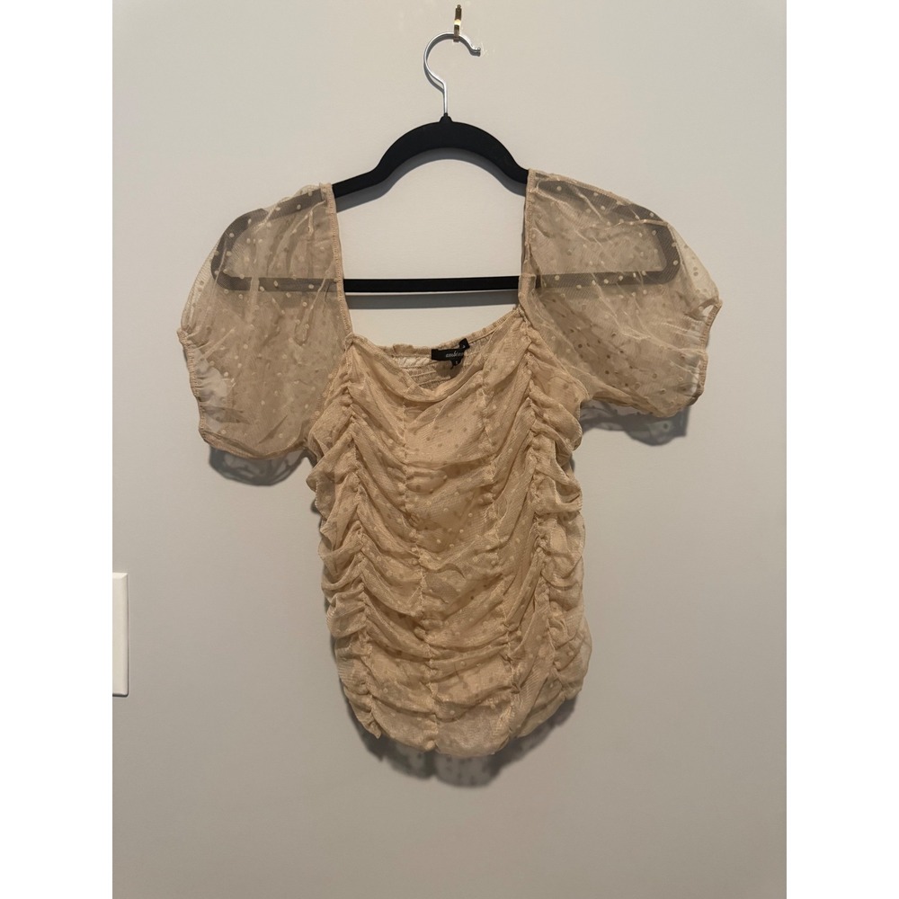 Ambiance Beige Swiss Dot Mesh Ruched Puff Sleeve Smocked Back Top Small